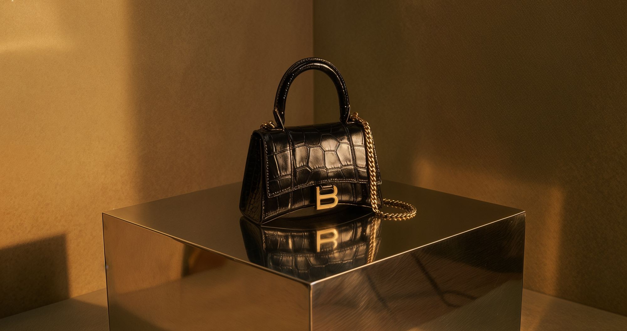 Black croc-embossed Balenciaga top-handle bag on a gold pedestal