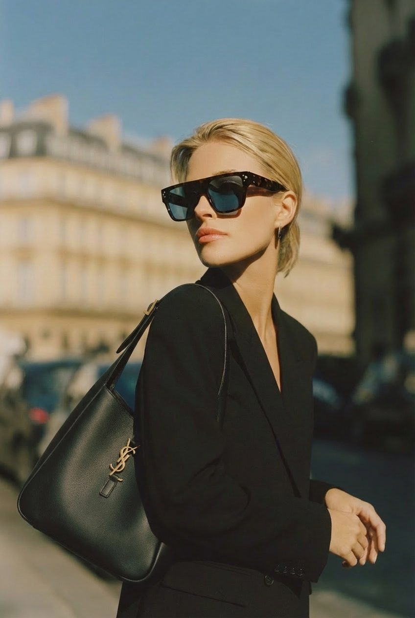 Woman in sunglasses with a black shoulder bag on a Paris street